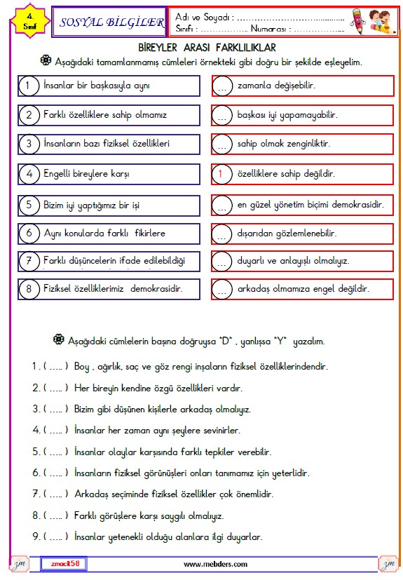 4. Sınıf Sosyal Bilgiler Bireyler Arası Farklılıklar Etkinliği