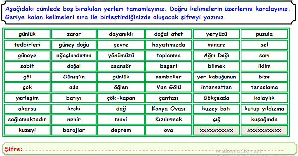 4. Sınıf Sosyal Bilgiler İnsanlar Yerler ve Çevre Ünitesi Boşluk Doldurma Etkinliği