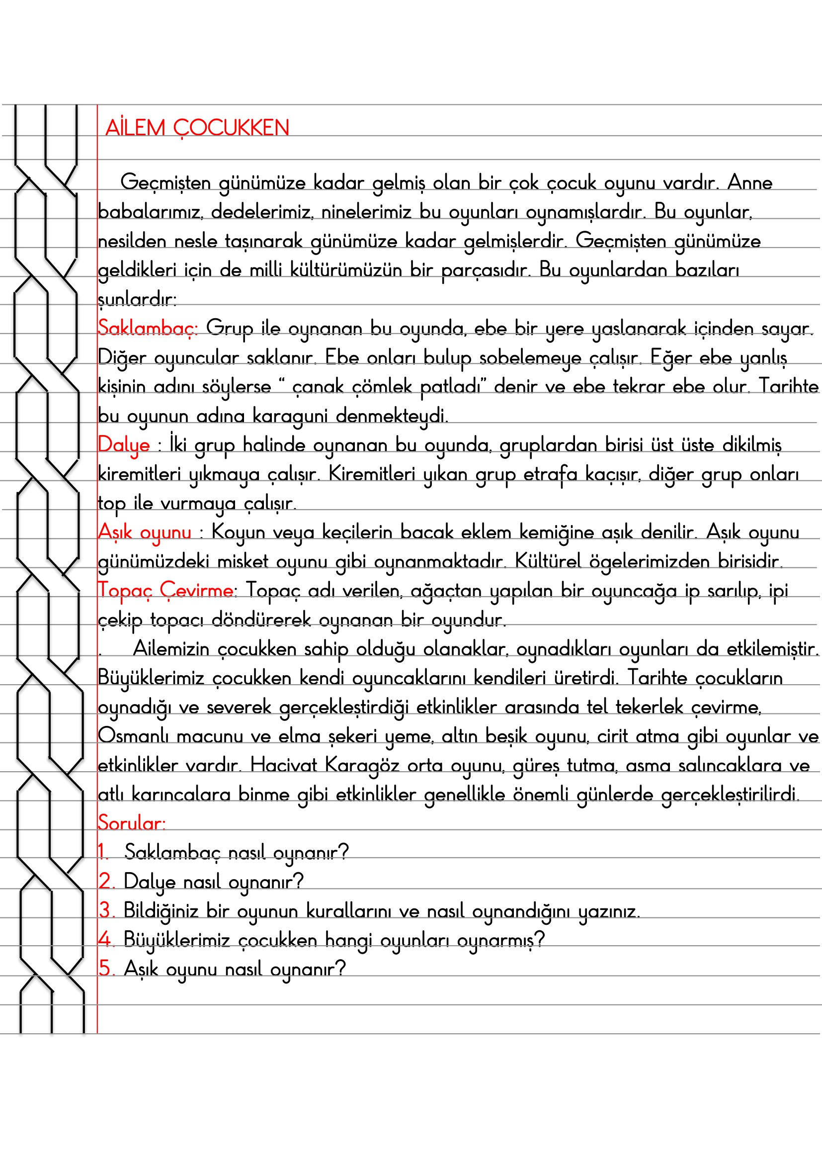 4. Sınıf - Sosyal Bilgiler - Ailem Çocukken Defter Özeti