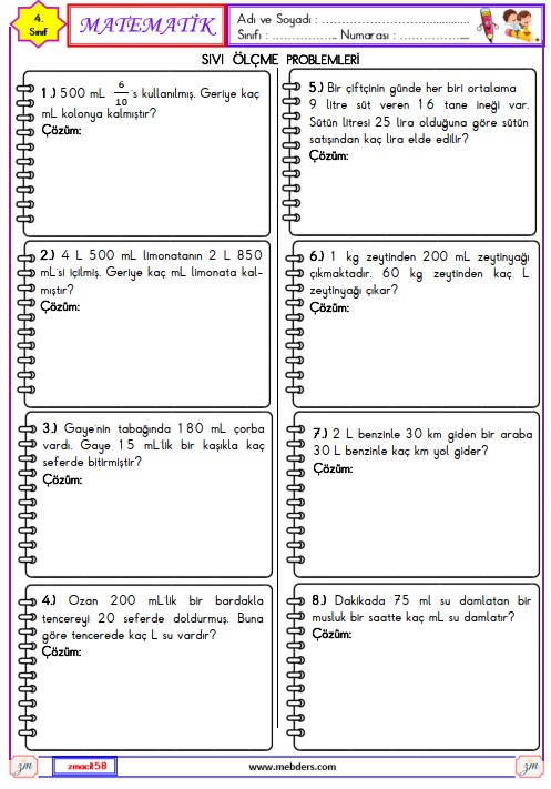 4. Sınıf Matematik Sıvı Ölçme Problemleri Etkinliği 9