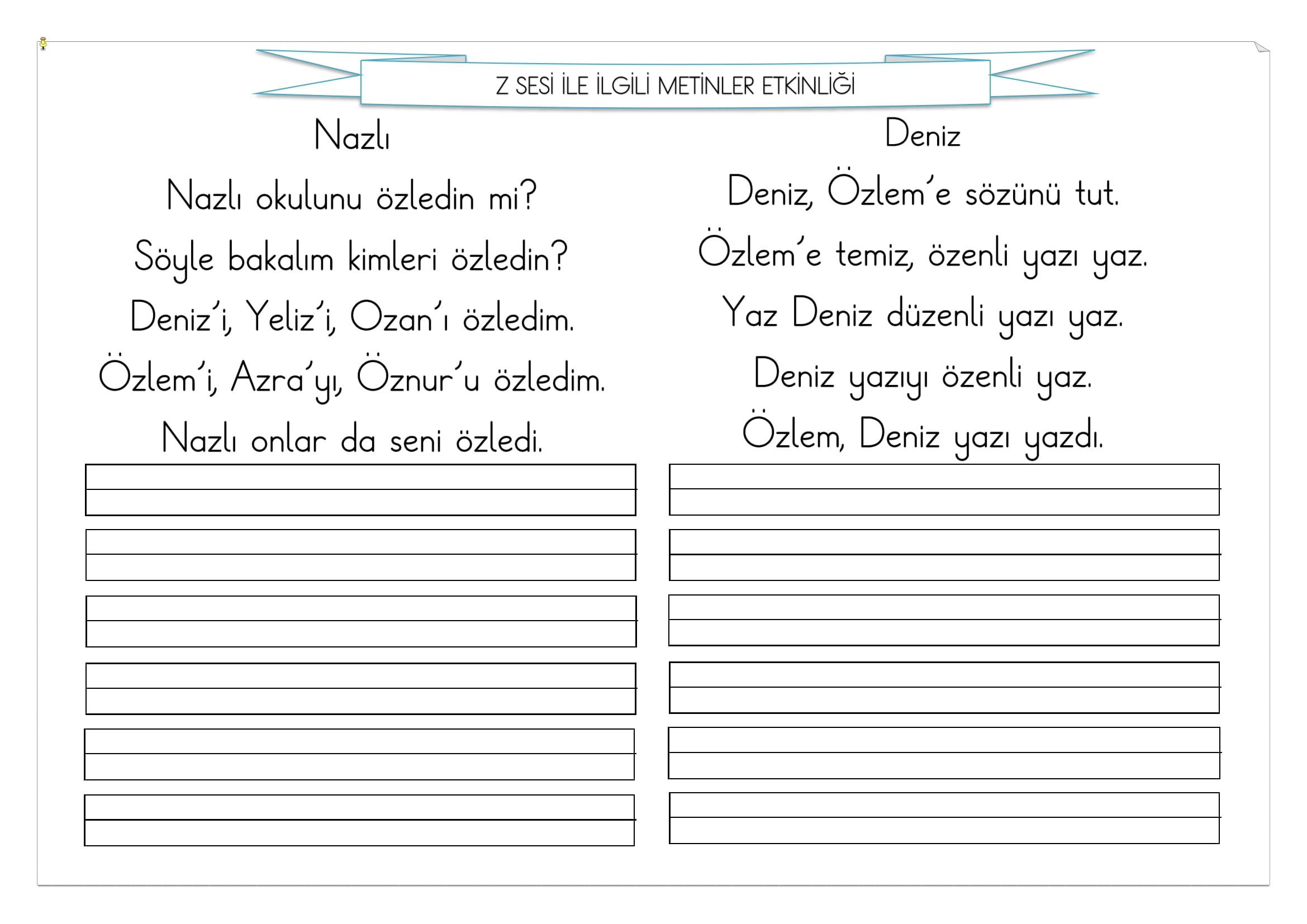 1. Sınıf İlk Okuma Yazma Z Sesi Metinler Etkinliği