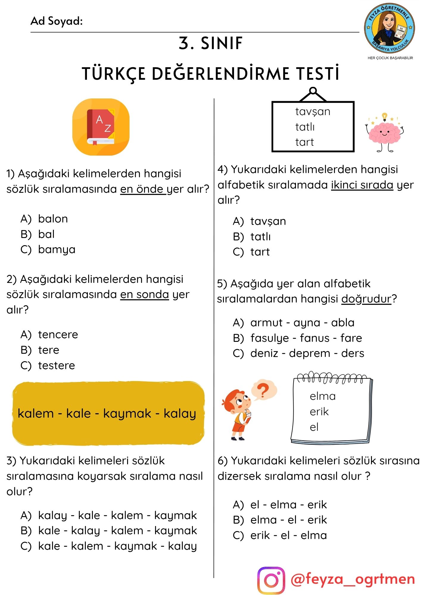 3. Sınıf Türkçe-Matematik Dersi 5. Hafta Değerlendirme Testi