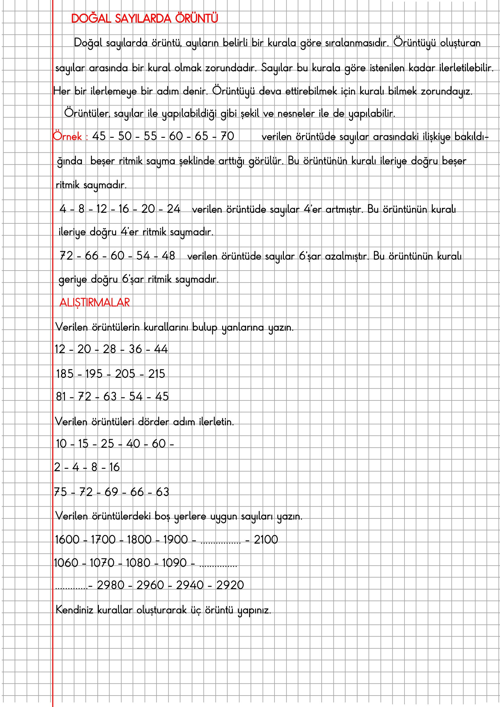 4. Sınıf Matematik Kareli Defterde Doğal Sayılarda Örüntü Konu Anlatımı
