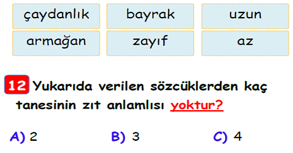 3. Sınıf Türkçe Zıt Anlamlı Kelimeler Yaprak Test