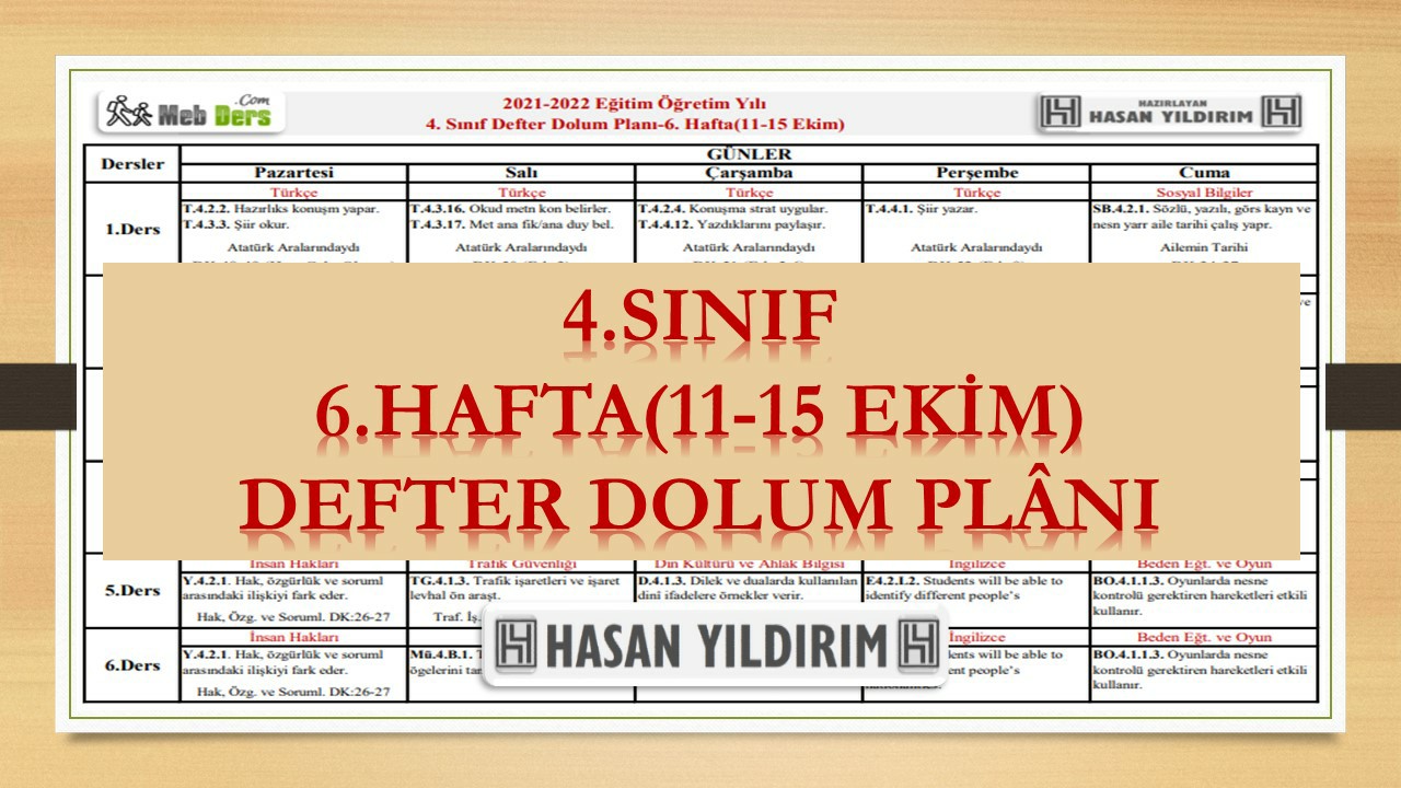 4. Sınıf 6.Hafta(11-15 Ekim) Defter Dolum Planı
