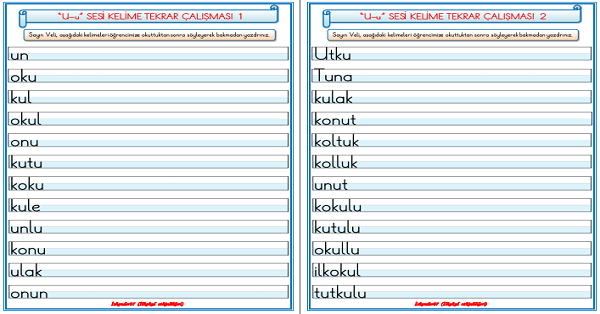 1. Sınıf İlk Okuma Yazma U Sesi Hece Kelime Tekrar Çalışması