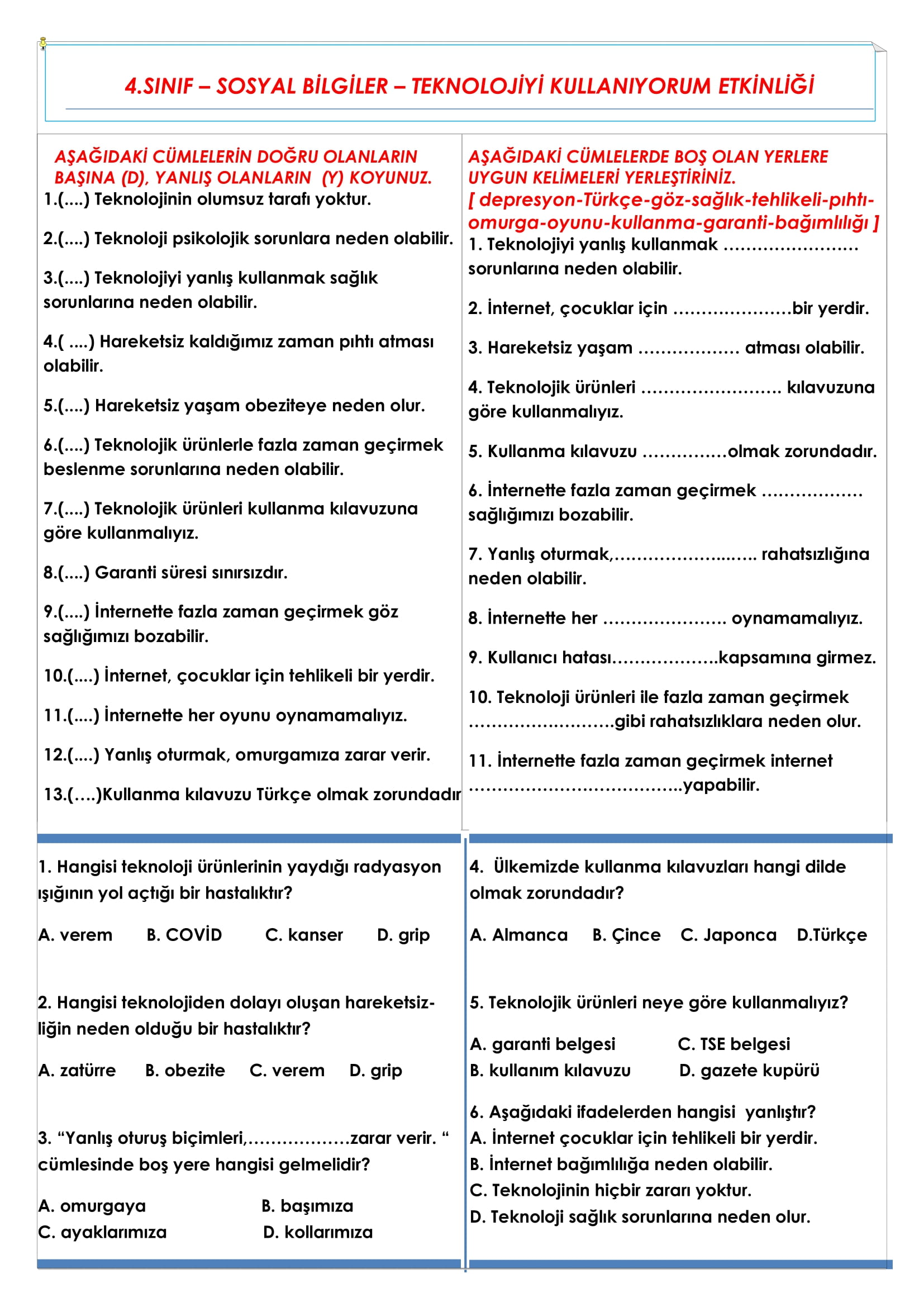 4. Sınıf - Sosyal Bilgiler - Teknolojiyi Kullanıyorum Etkinliği
