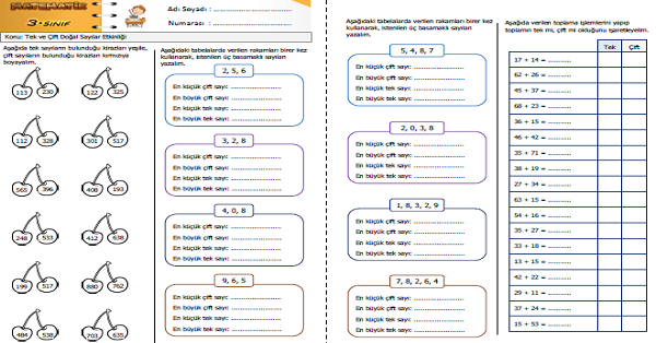 3. Sınıf Matematik Tek ve Çift Doğal Sayılar Etkinliği 3