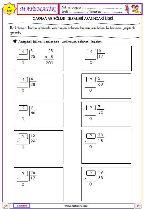 4. Sınıf Matematik Çarpma ve Bölme İşlemleri Arasındaki İlişki Etkinliği 1