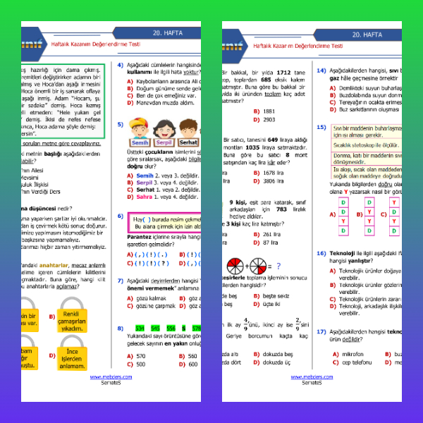 4. Sınıf Haftalık Değerlendirme Testi - 20. Hafta