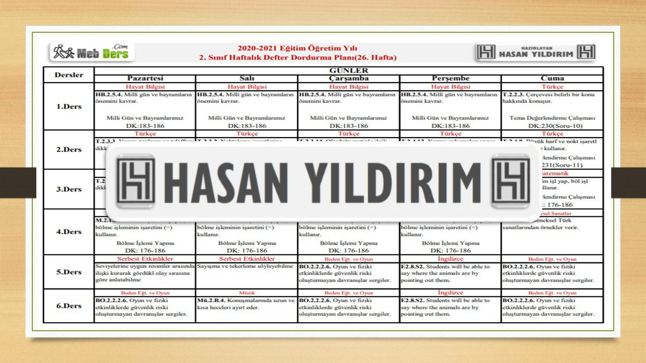 2. Sınıf 26.Hafta(12-16 Nisan) Defter Dolum Planı
