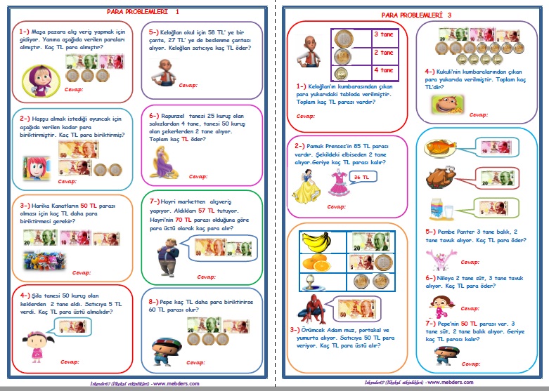 2. Sınıf Matematik Para Problemleri (4 Sayfa)
