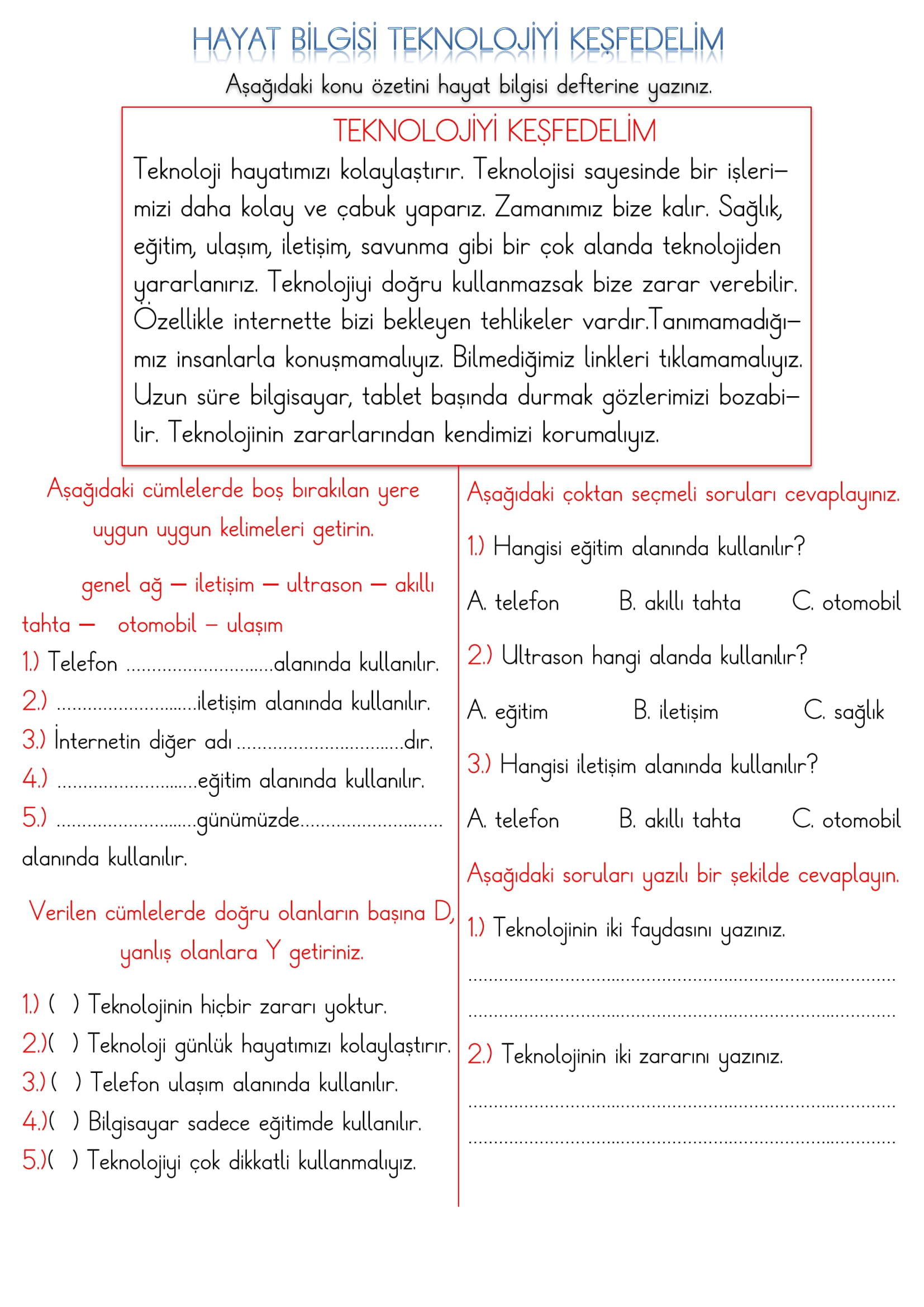 1. Sınıf Hayat Bilgisi Teknolojiyi Keşfedelim Etkinliği