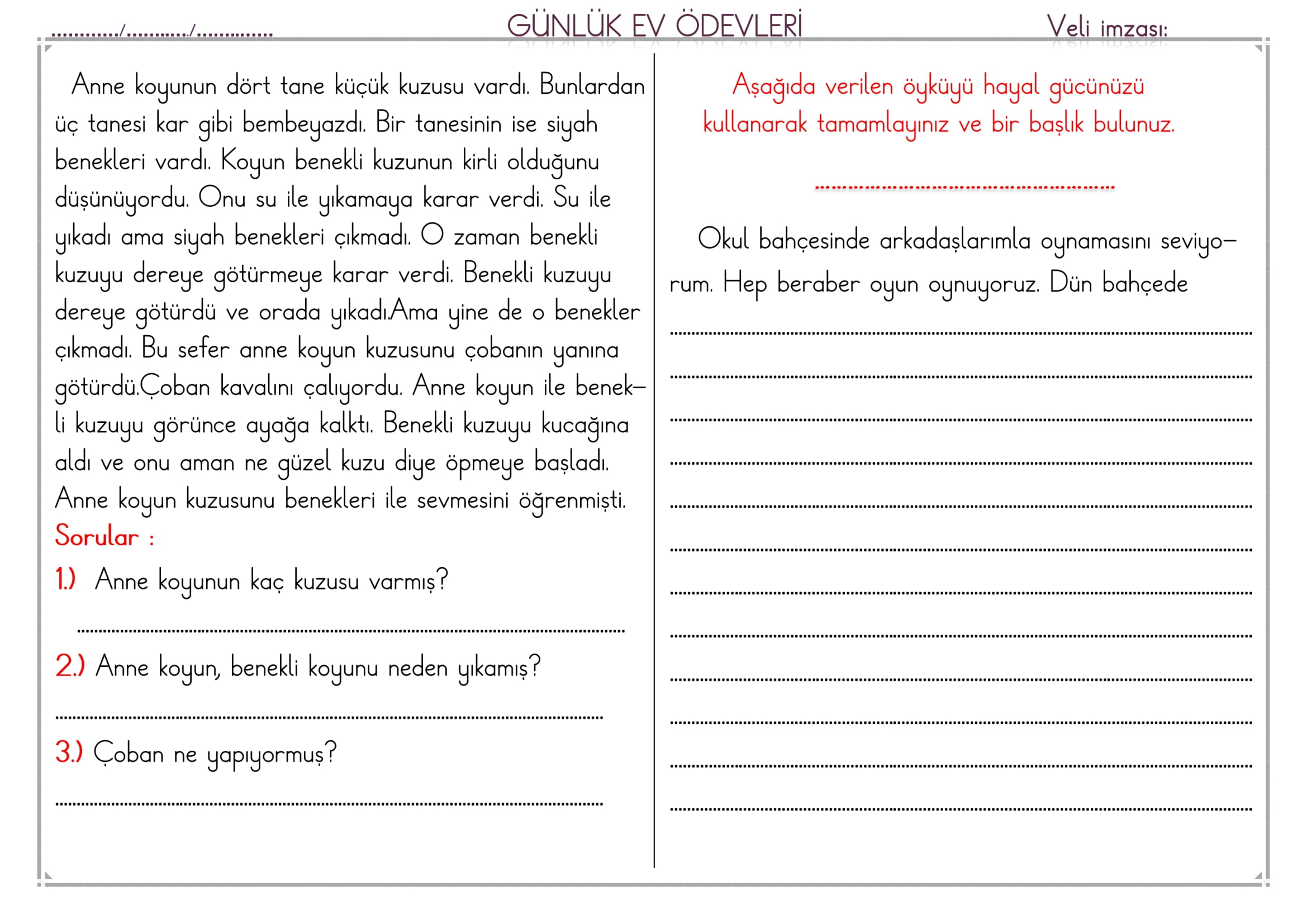 1. Sınıf 24 Mart 2025 Günlük Ev Ödevi