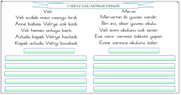 1. Sınıf İlk Okuma Yazma V Sesi Metinler Etkinliği