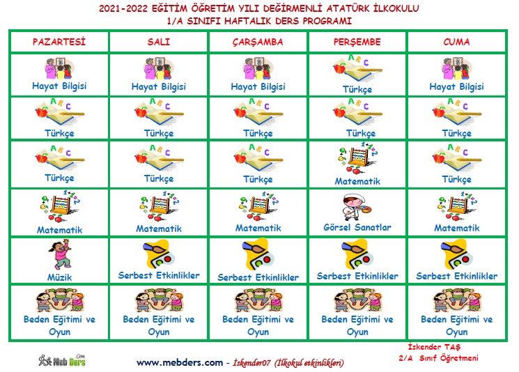 1. Sınıf Resimli Haftalık Ders Programı (Word dosyasıdır düzenlenebilir.)