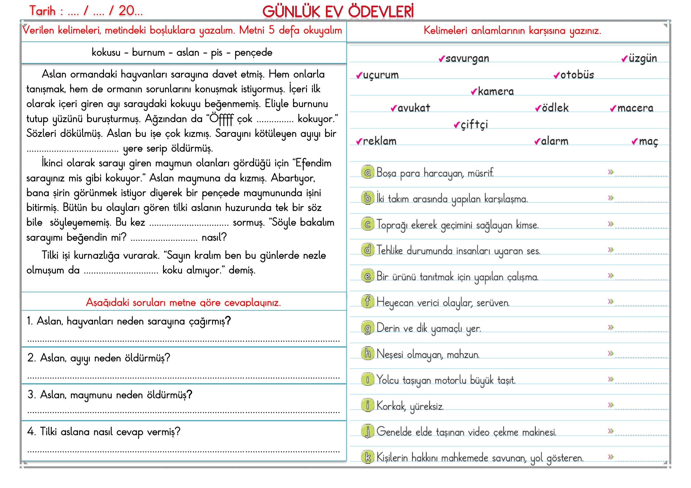 2. Sınıf - 04 Haziran 2026 Günlük Ev Ödevleri