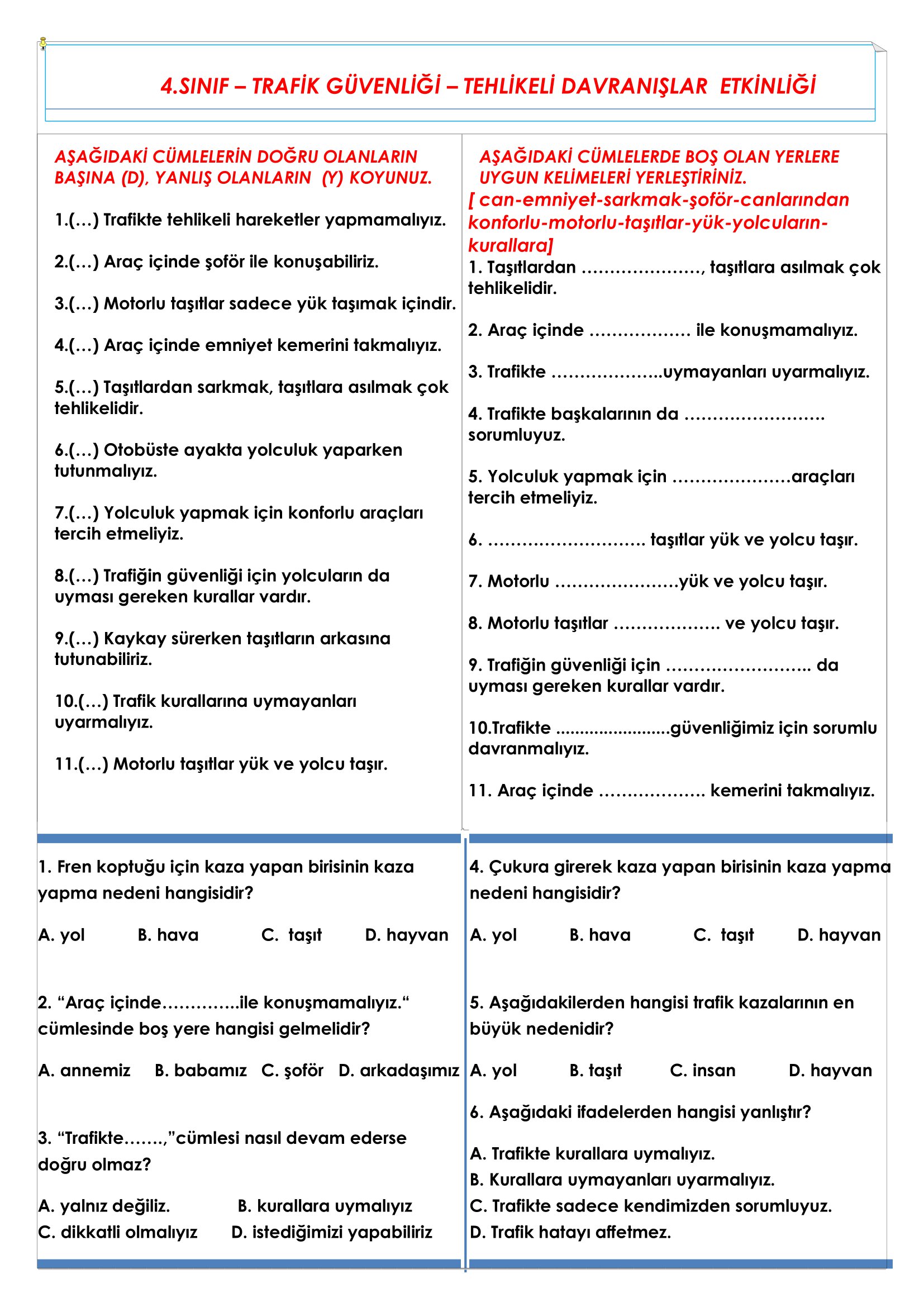 4. Sınıf Trafik Güvenliği Tehlikeli Davranışlar Etkinliği