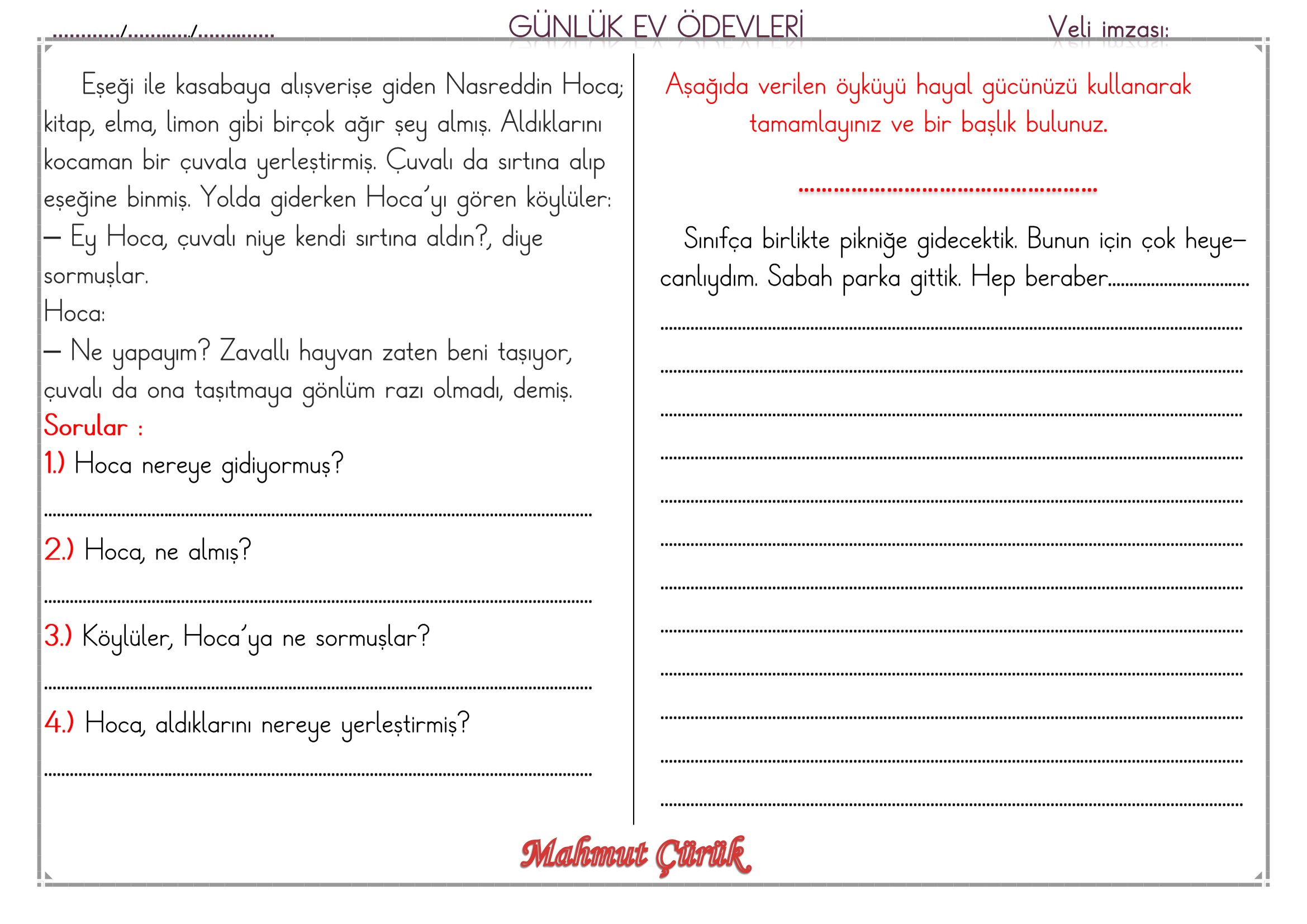 1. Sınıf - 04 Haziran 2026 Günlük Ev Ödevleri
