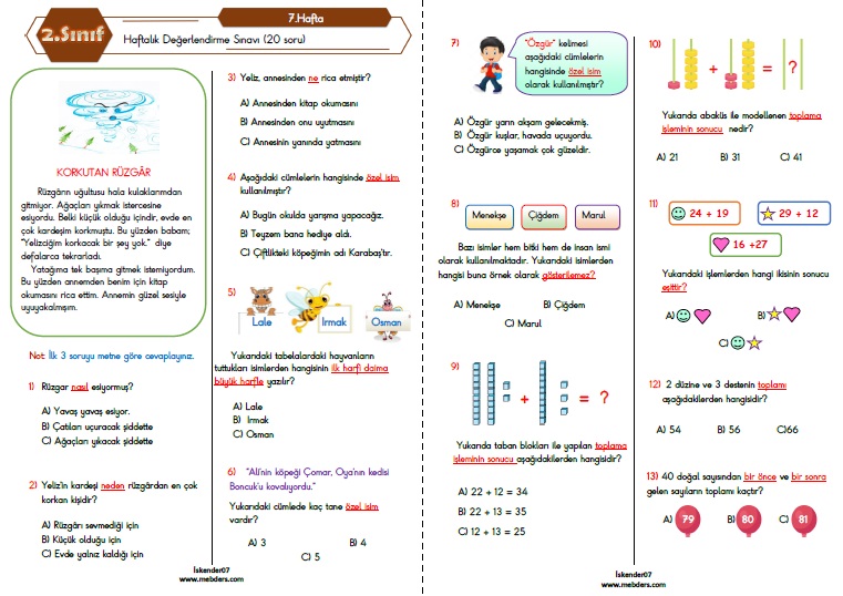 2. Sınıf Haftalık Değerlendirme Testi-7.Hafta(18-22 Ekim)