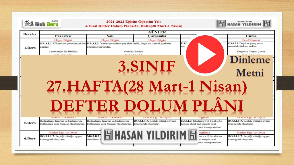 3. Sınıf 27.Hafta(28 Mart-1 Nisan) Defter Dolum Planı