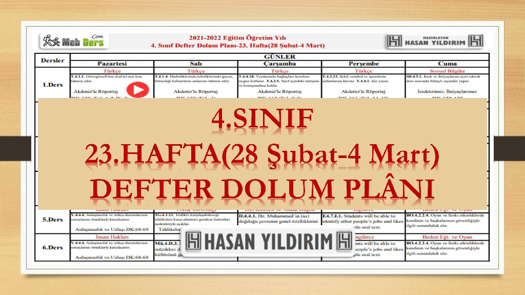4. Sınıf 23.Hafta(28 Şubat-4 Mart) Defter Dolum Planı