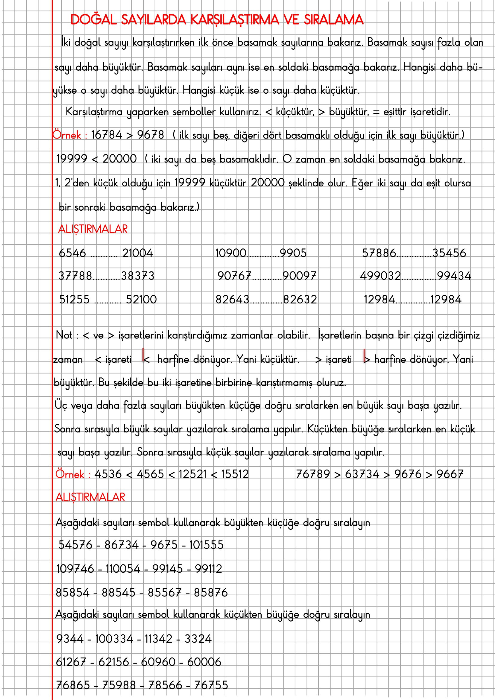 4. Sınıf Matematik Kareli Defterde Doğal Sayılarda Karşılaştırma ve Sıralama Konu Anlatımı