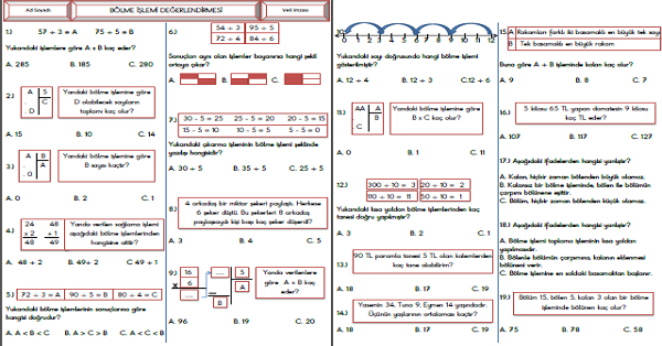 3. Sınıf Matematik Bölme İşlemi Değerlendirme 2