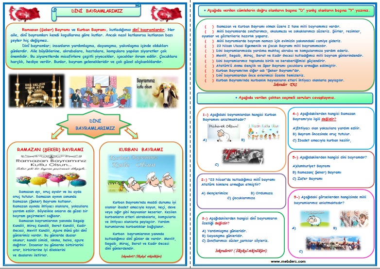 1. Sınıf Hayat Bilgisi Dini Gün ve Bayramlarımız (2 Sayfa)