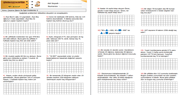 4. Sınıf Matematik Çarpma İşlemi İle İlgili Problemler 4