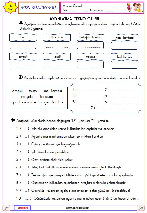 4. Sınıf Fen Bilimleri Aydınlatma Teknolojileri Etkinliği 5