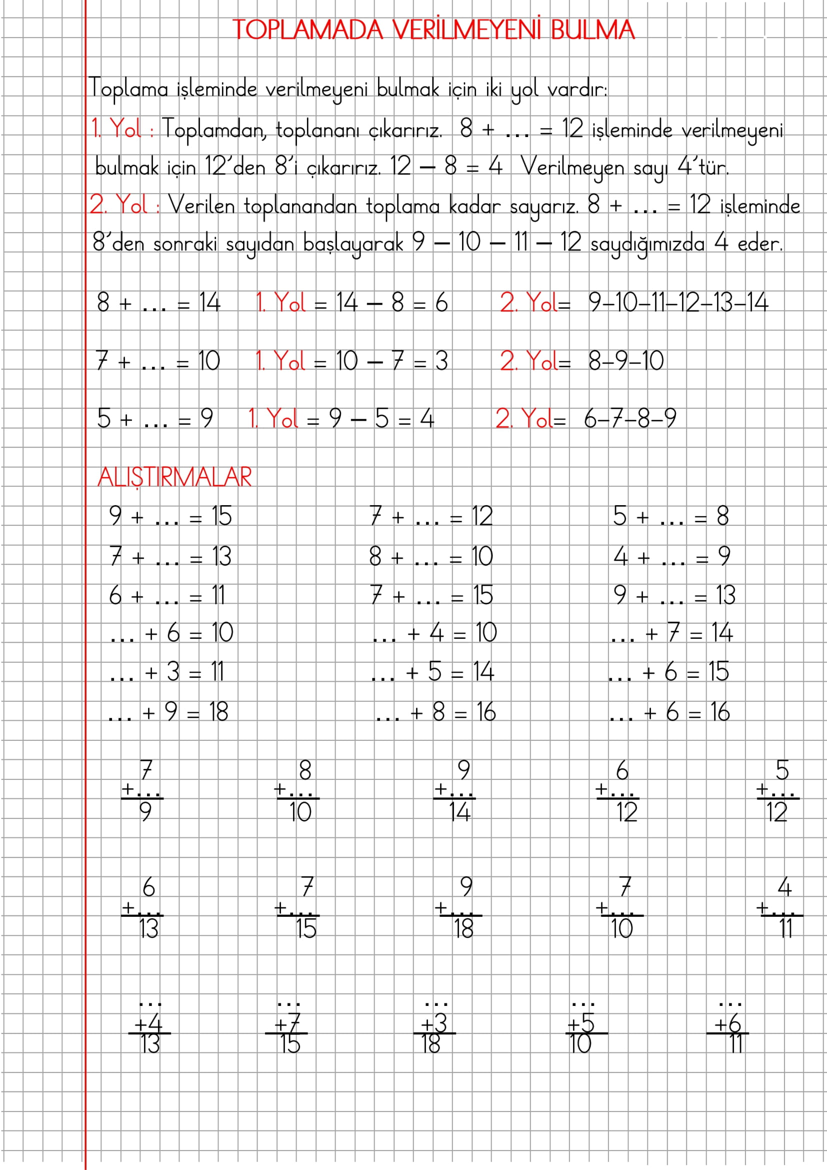 1. Sınıf Matematik Kareli Defterde Toplamada Verilmeyeni Bulma Konu Anlatımı