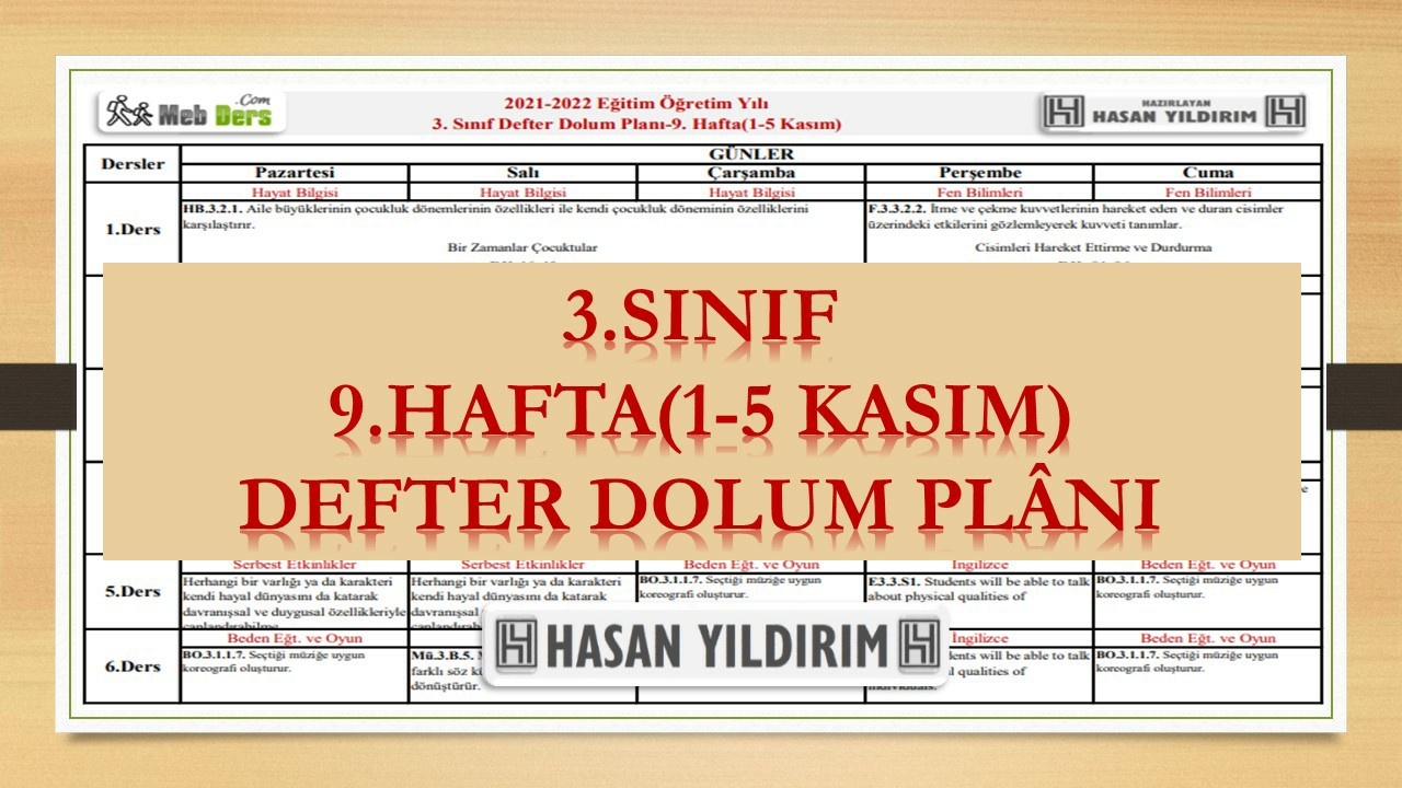 3. Sınıf 9.Hafta(1-5 Kasım) Defter Dolum Planı