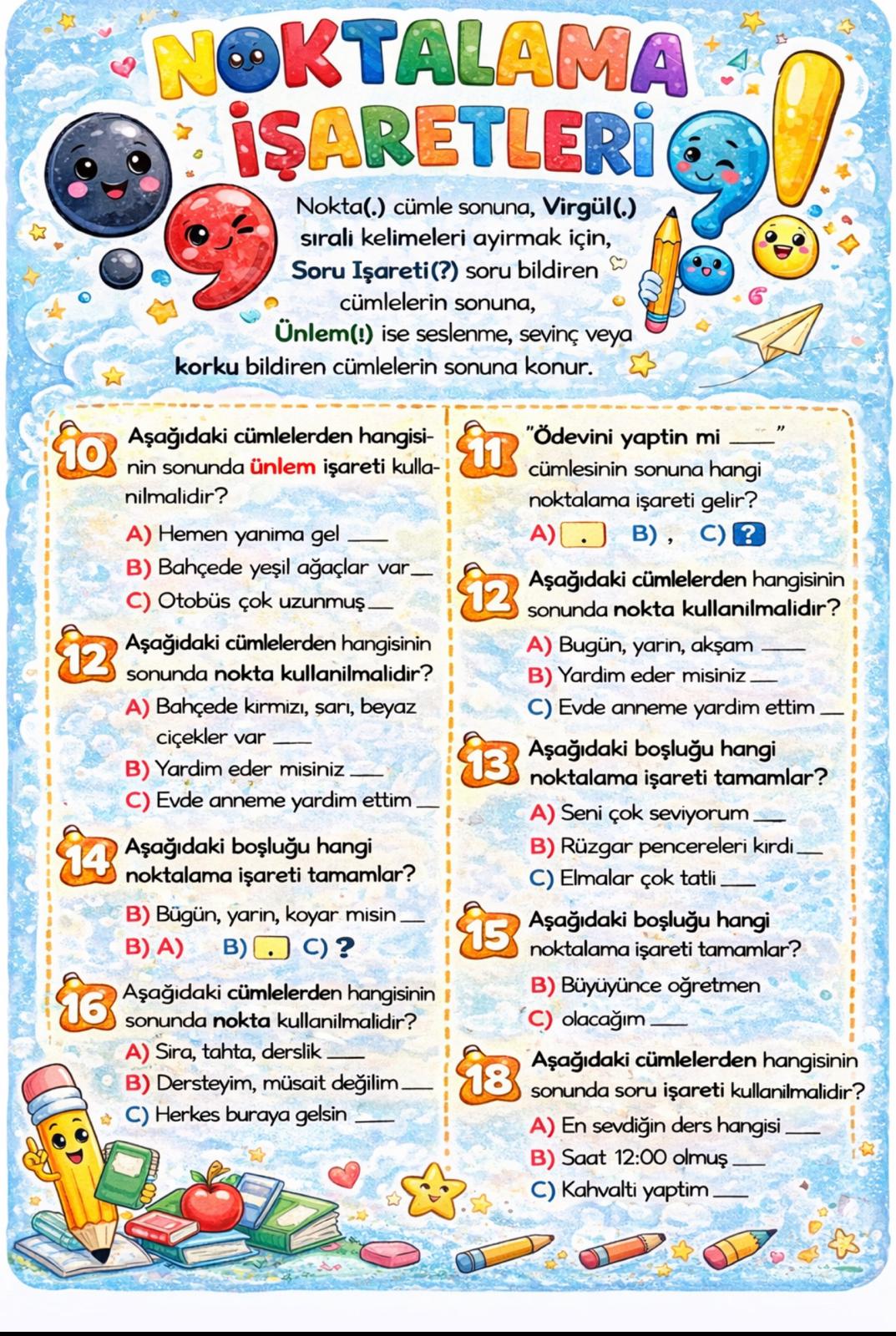 1. Sınıf Türkçe Noktalama işaretleri (Cevaplı) 2