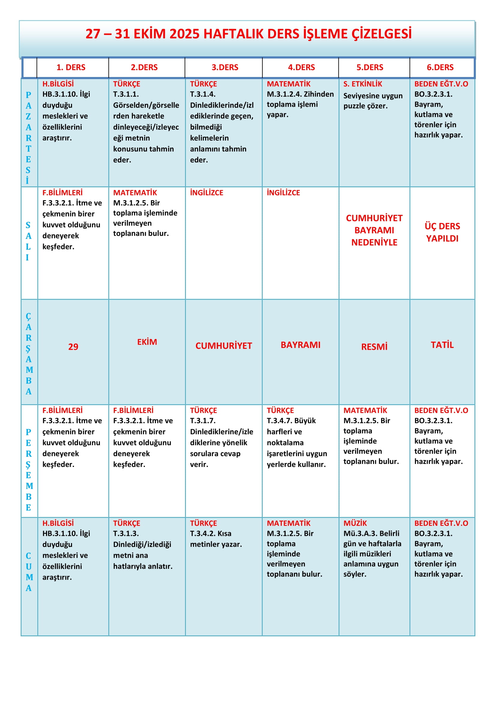 3. Sınıf 27 - 31 Ekim 2025 Haftalık Ders İşleme Çizelgesi.doc