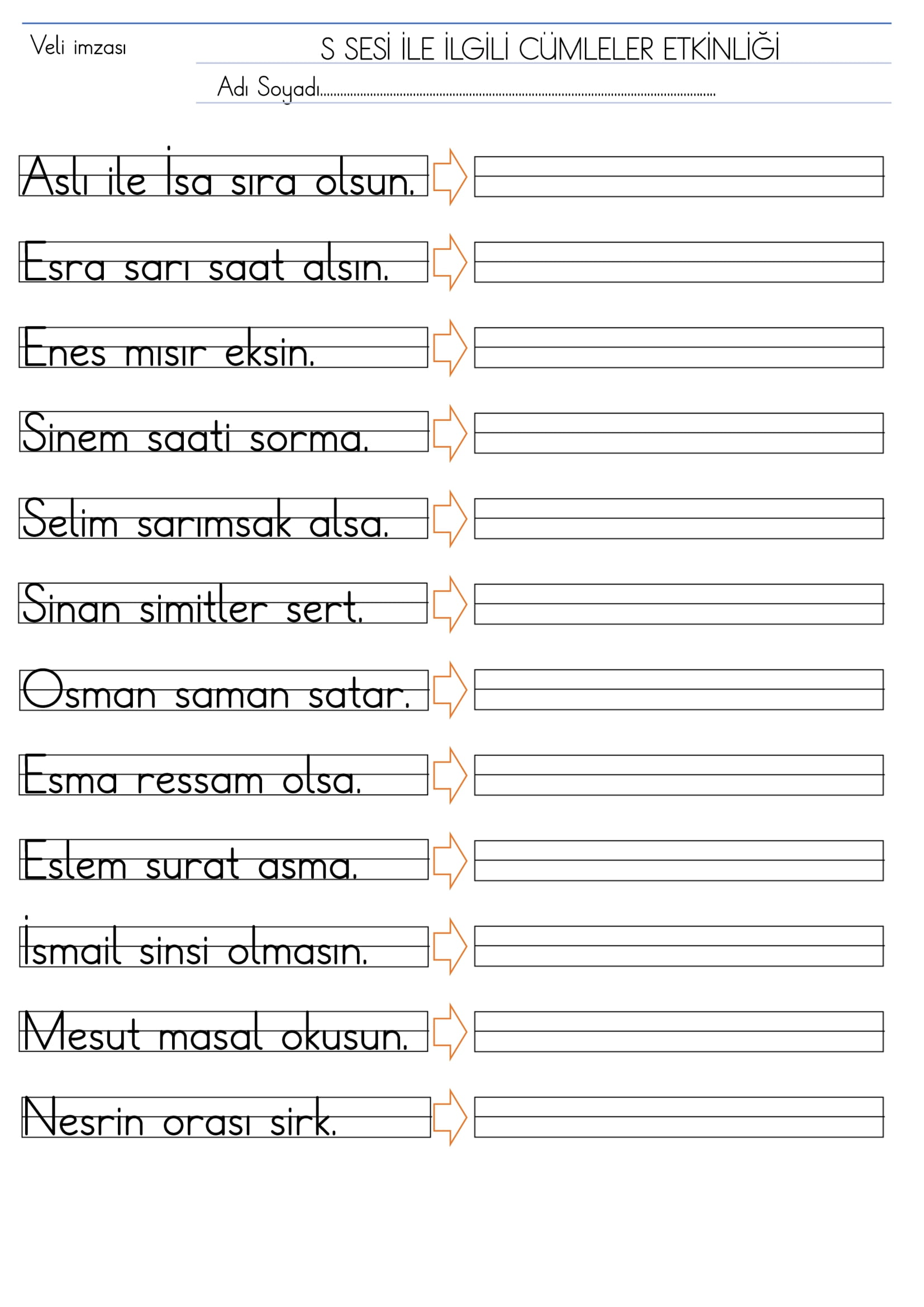 1. Sınıf İlk Okuma Yazma S Sesi Cümleler Etkinliği