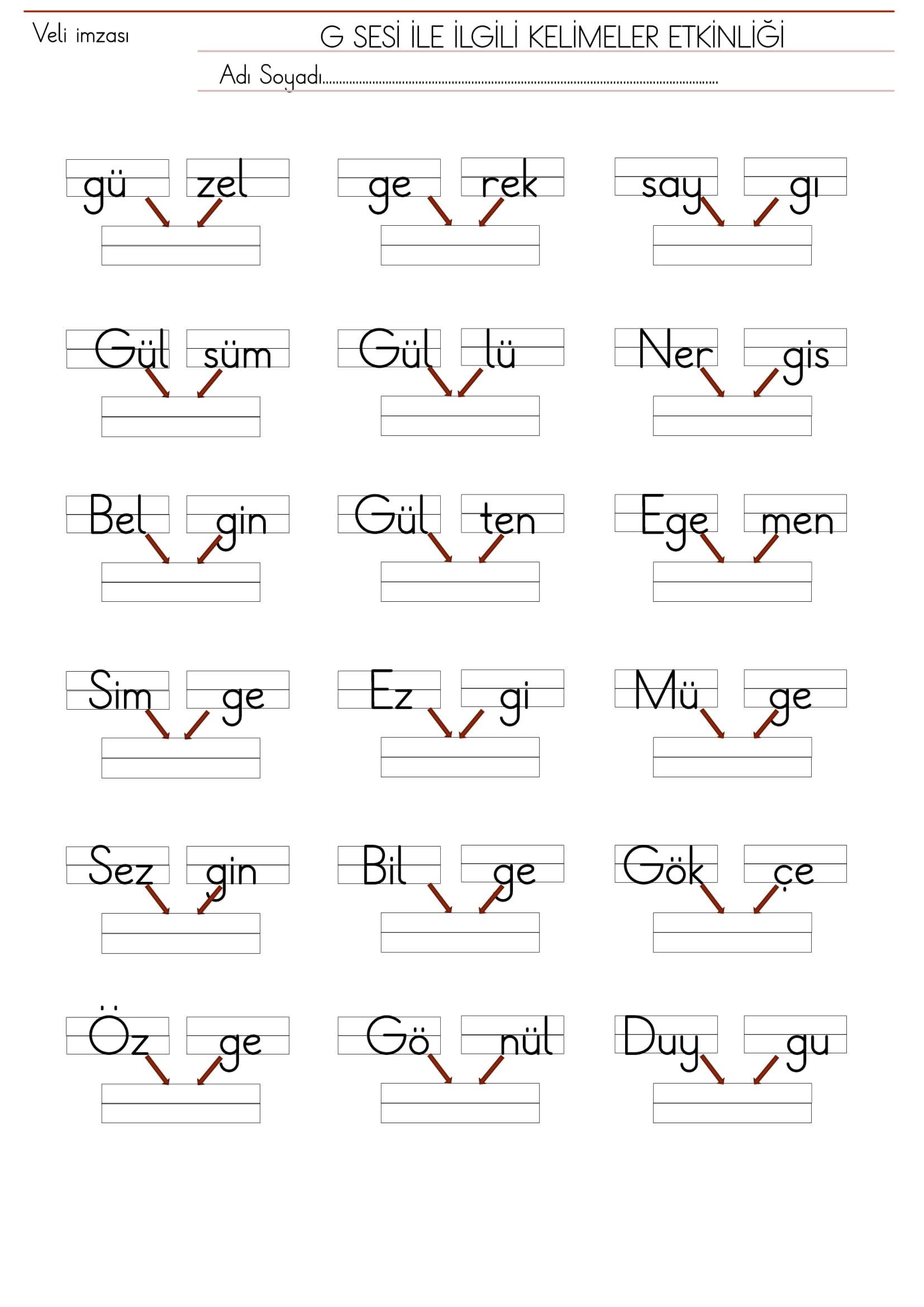 1. Sınıf İlk Okuma Yazma G Sesi Kelimeler Etkinliği