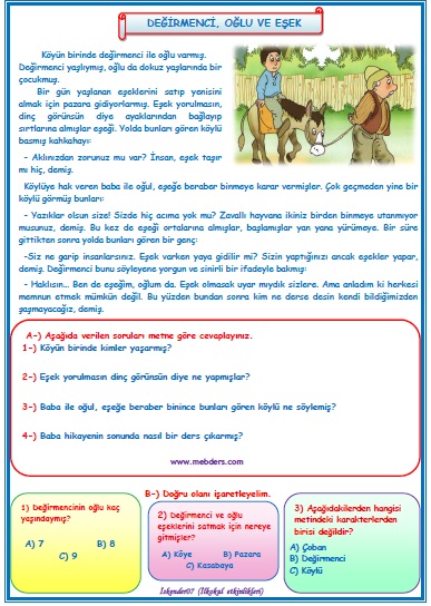 2. Sınıf Türkçe Değirmenci, Oğlu ve Eşek Okuma Anlama Metin Çalışması 10