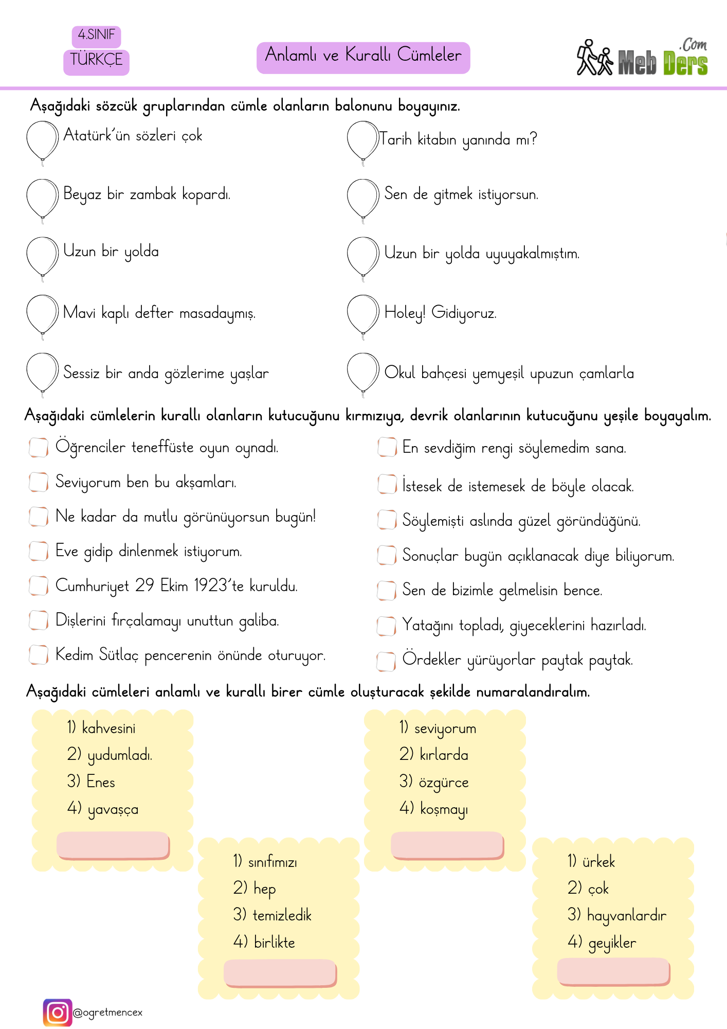 4. Sınıf Türkçe Anlamlı ve Kurallı Cümleler Etkinliği