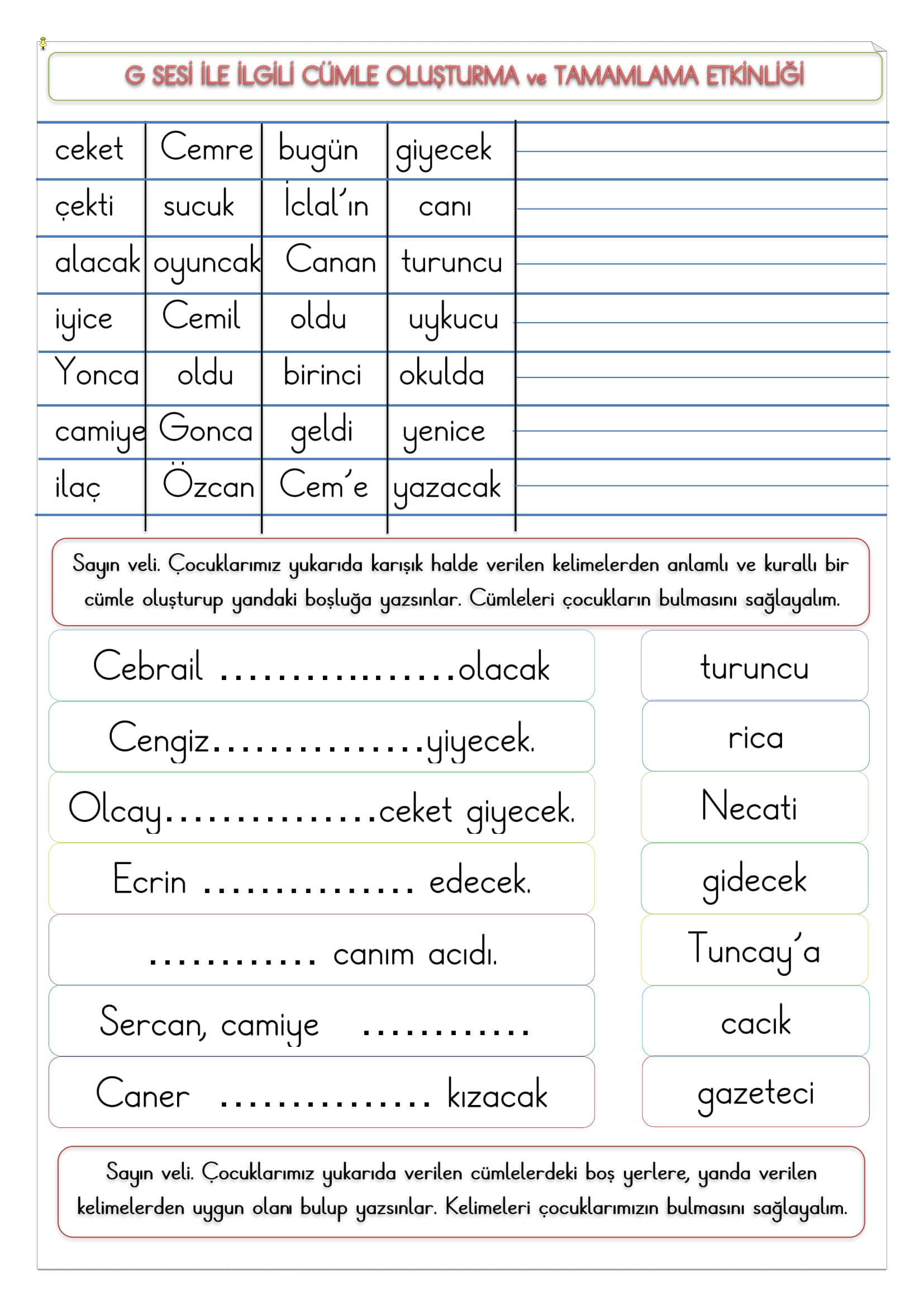 1. Sınıf İlk Okuma Yazma C Sesi Cümle Oluşturma ve Tamamlama Etkinliği