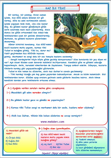 2. Sınıf Türkçe kaz İle Tilki Okuma Anlama Metin Çalışması 6