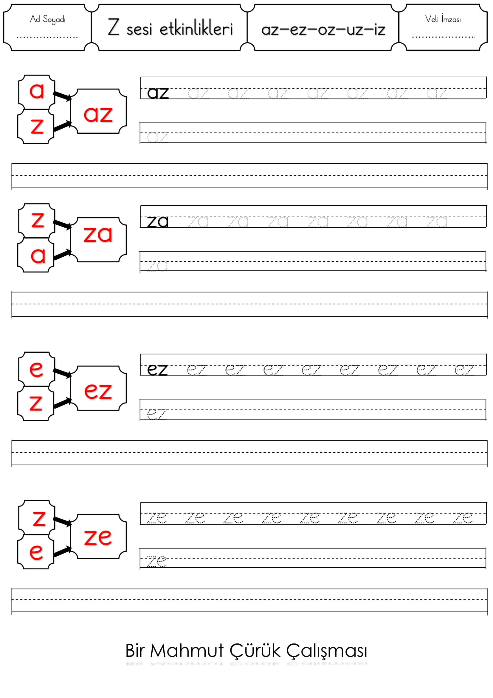 1. Sınıf İlk Okuma Yazma Z Sesi az-ez-iz-uz-ız-üz etkinliği