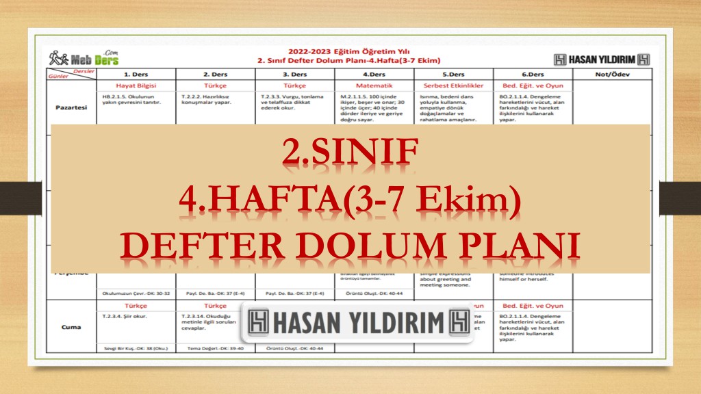 2022-2023 Eğitim Öğretim Yılı 2. Sınıf 4. Hafta (3-7 Ekim) Defter Dolum Planı