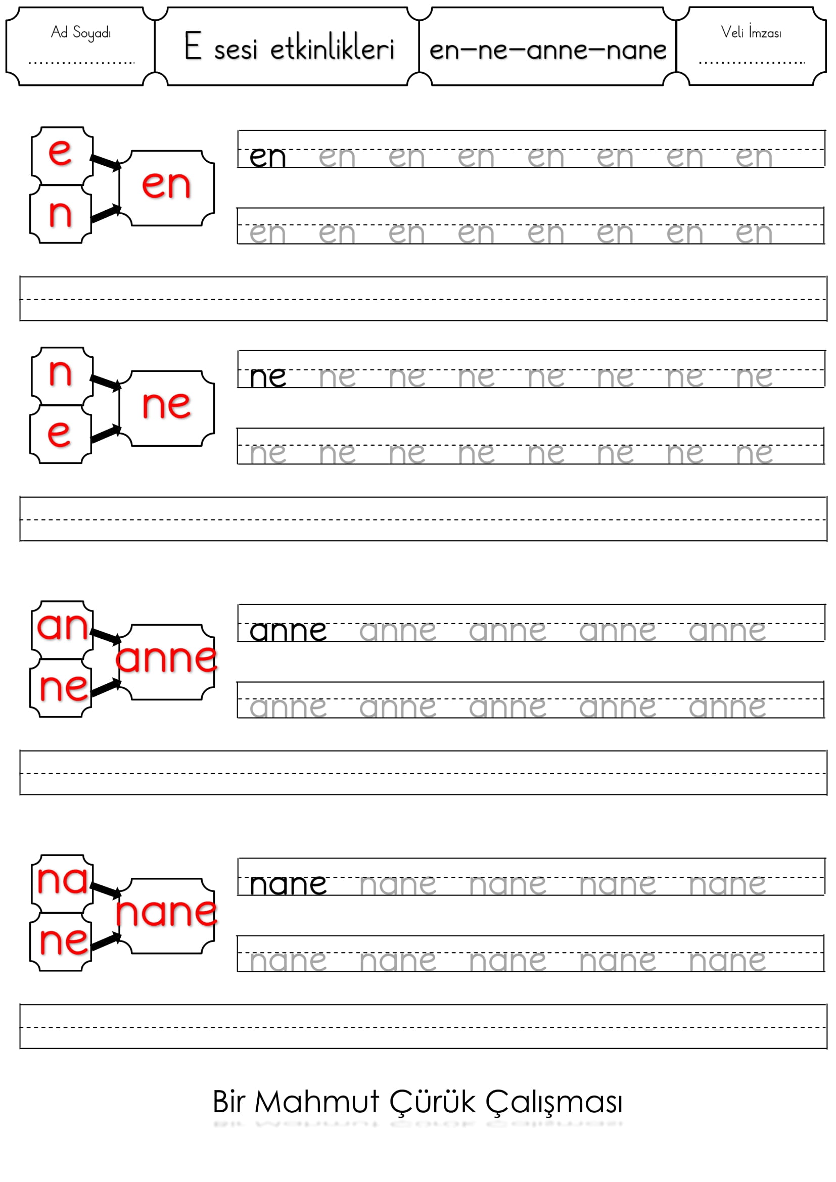 1. Sınıf İlk Okuma Yazma (E-e Sesi) en - ne - anne - nane etkinliği