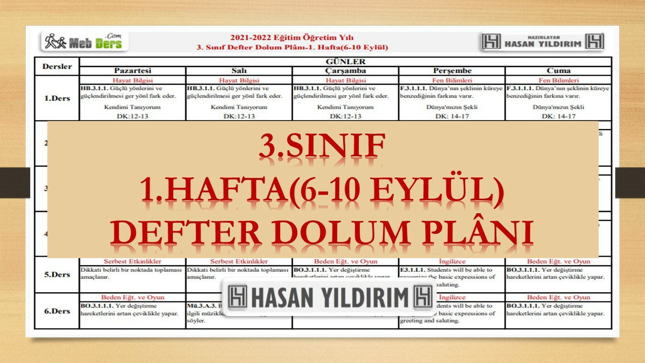 3. Sınıf 1.Hafta(6-10 Eylül) Defter Dolum Planı