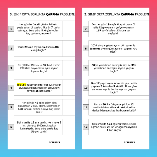 3. Sınıf Matematik - Orta Zorlukta Çarpma Problemleri - 1