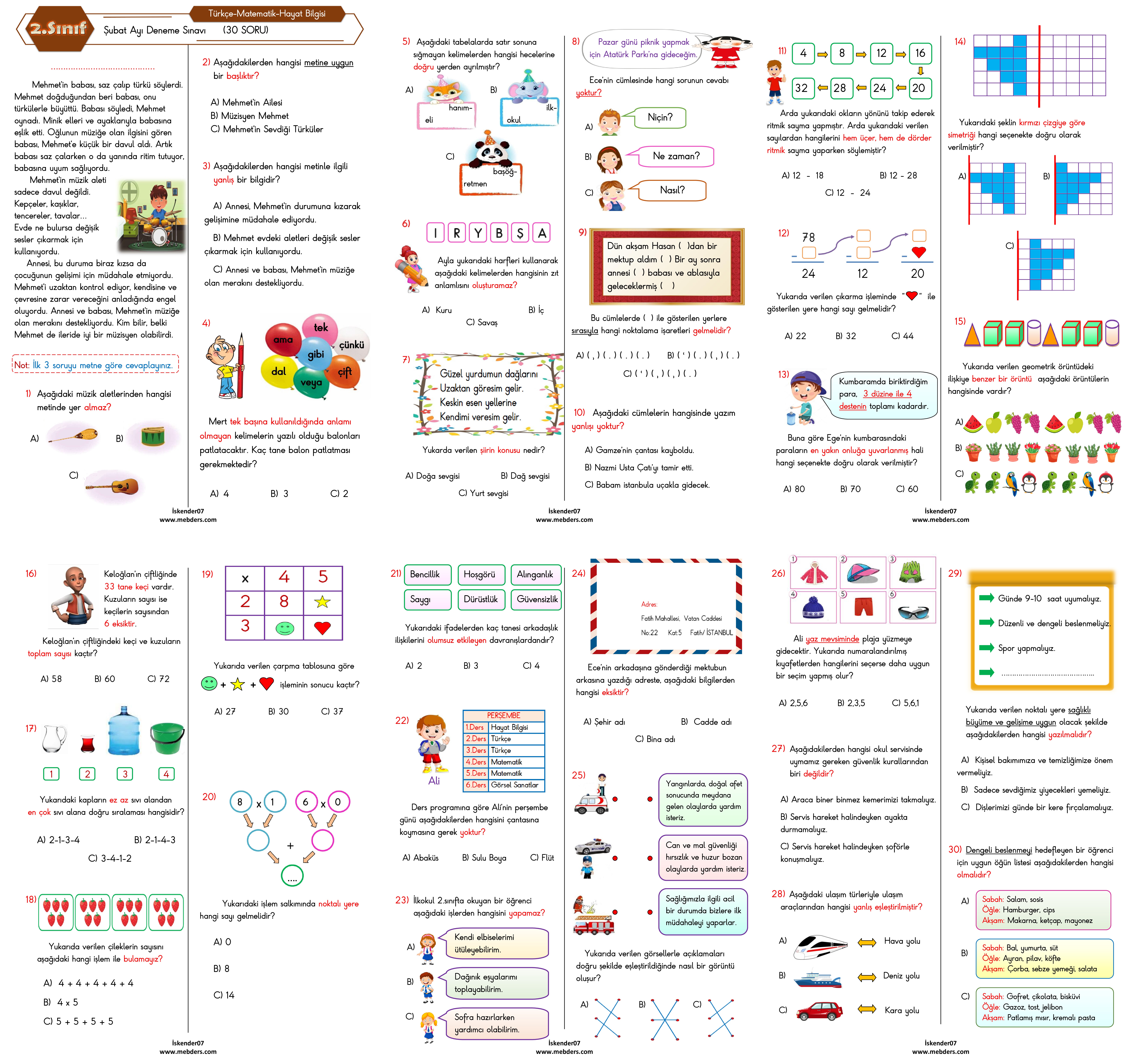2. Sınıf Şubat Ayı Deneme Sınavı (Türkçe-Matematik-Hayat Bilgisi 30 Soru)