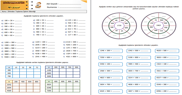 4. Sınıf Matematik Zihinden Toplama İşlemi Etkinliği 1