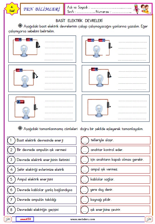 4. Sınıf Fen Bilimleri Basit Elektrik Devreleri Etkinliği 3