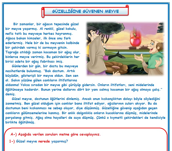 2. Sınıf Türkçe Güzelliğine Güvenen Meyve Okuma Anlama Metin Çalışması